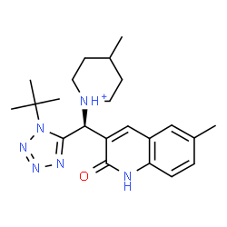 ChemSpider 2D Image | 4-Methyl-1-{(R)-(6-methyl-2-oxo-1,2-dihydro-3-quinolinyl)[1-(2-methyl-2-propanyl)-1H-tetrazol-5-yl]methyl}piperidinium | C22H31N6O