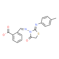 ChemSpider 2D Image | 2-[(Z)-({(2Z)-2-[(4-Methylphenyl)imino]-4-oxo-1,3-thiazolidin-3-yl}imino)methyl]benzoate | C18H14N3O3S