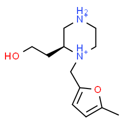 ChemSpider 2D Image | (2S)-2-(2-Hydroxyethyl)-1-[(5-methyl-2-furyl)methyl]piperazinediium | C12H22N2O2