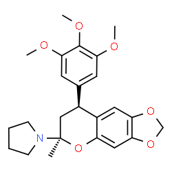 ChemSpider 2D Image | 1-[(6R,8S)-6-Methyl-8-(3,4,5-trimethoxyphenyl)-7,8-dihydro-6H-[1,3]dioxolo[4,5-g]chromen-6-yl]pyrrolidine | C24H29NO6
