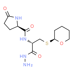 ChemSpider 2D Image | (2R)-N-{(2S)-1-Hydrazino-1-oxo-3-[(2S)-tetrahydro-2H-pyran-2-ylsulfanyl]-2-propanyl}-5-oxo-2-pyrrolidinecarboxamide | C13H22N4O4S