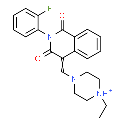 ChemSpider 2D Image | 1-Ethyl-4-{[2-(2-fluorophenyl)-1,3-dioxo-2,3-dihydro-4(1H)-isoquinolinylidene]methyl}piperazin-1-ium | C22H23FN3O2