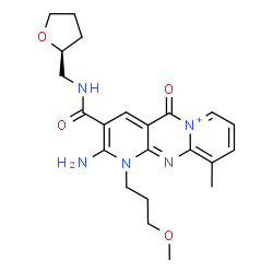 ChemSpider 2D Image | 2-Amino-1-(3-methoxypropyl)-10-methyl-5-oxo-3-{[(2S)-tetrahydro-2-furanylmethyl]carbamoyl}-1,5-dihydrodipyrido[1,2-a:2',3'-d]pyrimidin-6-ium | C22H28N5O4
