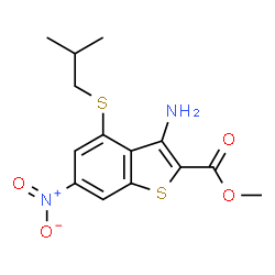 ChemSpider 2D Image | Methyl 3-amino-4-(isobutylsulfanyl)-6-nitro-1-benzothiophene-2-carboxylate | C14H16N2O4S2