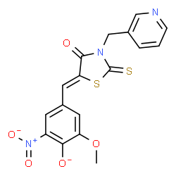 ChemSpider 2D Image | 2-Methoxy-6-nitro-4-{(Z)-[4-oxo-3-(3-pyridinylmethyl)-2-thioxo-1,3-thiazolidin-5-ylidene]methyl}phenolate | C17H12N3O5S2