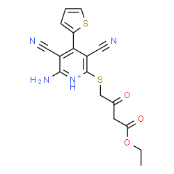 ChemSpider 2D Image | 2-Amino-3,5-dicyano-6-[(4-ethoxy-2,4-dioxobutyl)sulfanyl]-4-(2-thienyl)pyridinium | C17H15N4O3S2