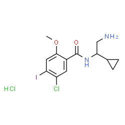 ChemSpider 2D Image | N-(2-Amino-1-cyclopropylethyl)-5-chloro-4-iodo-2-methoxybenzamide hydrochloride (1:1) | C13H17Cl2IN2O2