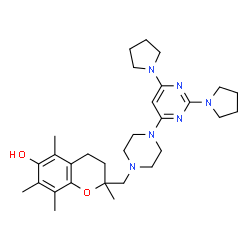 ChemSpider 2D Image | 2-({4-[2,6-Di(1-pyrrolidinyl)-4-pyrimidinyl]-1-piperazinyl}methyl)-2,5,7,8-tetramethyl-6-chromanol | C30H44N6O2