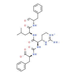 ChemSpider 2D Image | (2S)-2-({[(1R)-1-[(4S)-2-Amino-3,4,5,6-tetrahydropyrimidin-1-ium-4-yl]-2-{[(2S)-4-methyl-1-oxo-1-{[(2S)-1-oxo-3-phenyl-2-propanyl]amino}-2-pentanyl]amino}-2-oxoethyl]carbamoyl}amino)-3-phenylpropanoat
e | C31H41N7O6