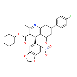 ChemSpider 2D Image | Cyclohexyl (4R,7S)-7-(4-chlorophenyl)-2-methyl-4-(6-nitro-1,3-benzodioxol-5-yl)-5-oxo-3,4,5,6,7,8-hexahydro-3-quinolinecarboxylate | C30H29ClN2O7