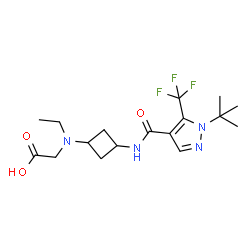 ChemSpider 2D Image | N-Ethyl-N-[3-({[1-(2-methyl-2-propanyl)-5-(trifluoromethyl)-1H-pyrazol-4-yl]carbonyl}amino)cyclobutyl]glycine | C17H25F3N4O3