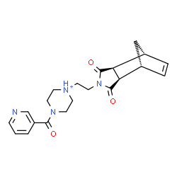 ChemSpider 2D Image | 1-{2-[(1R,2R,6S,7R)-3,5-Dioxo-4-azatricyclo[5.2.1.0~2,6~]dec-8-en-4-yl]ethyl}-4-(3-pyridinylcarbonyl)piperazin-1-ium | C21H25N4O3