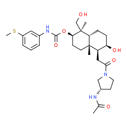 ChemSpider 2D Image | (1R,2R,4aR,5S,6R,8aR)-5-{2-[(3S)-3-Acetamido-1-pyrrolidinyl]-2-oxoethyl}-6-hydroxy-1-(hydroxymethyl)-1,4a-dimethyldecahydro-2-naphthalenyl [3-(methylsulfanyl)phenyl]carbamate | C29H43N3O6S