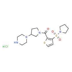 ChemSpider 2D Image | [3-(1-Piperazinyl)-1-pyrrolidinyl][3-(1-pyrrolidinylsulfonyl)-2-thienyl]methanone hydrochloride (1:1) | C17H27ClN4O3S2