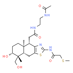 ChemSpider 2D Image | N-(2-Acetamidoethyl)-2-[(4S,4aR,7R,8R,8aS)-7-hydroxy-8-(hydroxymethyl)-4a,8-dimethyl-2-{[(methylsulfanyl)acetyl]amino}-4,4a,5,6,7,8,8a,9-octahydronaphtho[2,3-d][1,3]thiazol-4-yl]acetamide | C23H36N4O5S2