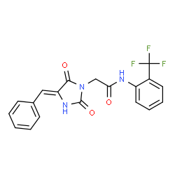 ChemSpider 2D Image | 2-[(4Z)-4-Benzylidene-2,5-dioxo-1-imidazolidinyl]-N-[2-(trifluoromethyl)phenyl]acetamide | C19H14F3N3O3
