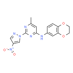 ChemSpider 2D Image | N-(2,3-dihydro-1,4-benzodioxin-6-yl)-6-methyl-2-(4-nitropyrazol-1-yl)pyrimidin-4-amine | C16H14N6O4