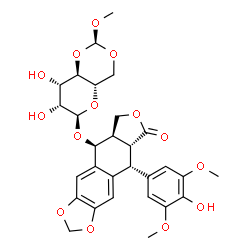 ChemSpider 2D Image | (5S,5aR,8aR,9R)-9-(4-Hydroxy-3,5-dimethoxyphenyl)-8-oxo-5,5a,6,8,8a,9-hexahydrofuro[3',4':6,7]naphtho[2,3-d][1,3]dioxol-5-yl 4,6-O-(methoxymethylene)-alpha-L-mannopyranoside | C29H32O14