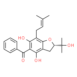 ChemSpider 2D Image | [(2S)-4,6-Dihydroxy-2-(2-hydroxy-2-propanyl)-7-(3-methyl-2-buten-1-yl)-2,3-dihydro-1-benzofuran-5-yl](phenyl)methanone | C23H26O5