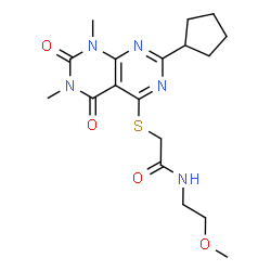 ChemSpider 2D Image | 2-[(2-Cyclopentyl-6,8-dimethyl-5,7-dioxo-5,6,7,8-tetrahydropyrimido[4,5-d]pyrimidin-4-yl)sulfanyl]-N-(2-methoxyethyl)acetamide | C18H25N5O4S