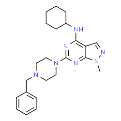 ChemSpider 2D Image | 6-(4-Benzyl-1-piperazinyl)-N-cyclohexyl-1-methyl-1H-pyrazolo[3,4-d]pyrimidin-4-amine | C23H31N7