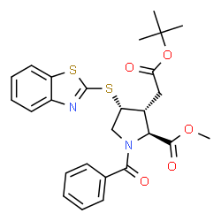 ChemSpider 2D Image | Methyl (3R,4R)-4-(1,3-benzothiazol-2-ylsulfanyl)-1-benzoyl-3-{2-[(2-methyl-2-propanyl)oxy]-2-oxoethyl}-L-prolinate | C26H28N2O5S2
