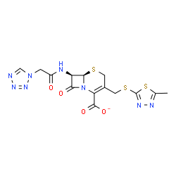 ChemSpider 2D Image | (6R,7R)-3-{[(5-Methyl-1,3,4-thiadiazol-2-yl)sulfanyl]methyl}-8-oxo-7-[(1H-tetrazol-1-ylacetyl)amino]-5-thia-1-azabicyclo[4.2.0]oct-2-ene-2-carboxylate | C14H13N8O4S3