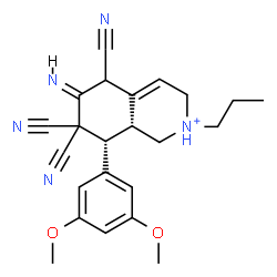 ChemSpider 2D Image | (6E,8R,8aR)-5,7,7-Tricyano-8-(3,5-dimethoxyphenyl)-6-imino-2-propyl-1,2,3,5,6,7,8,8a-octahydroisoquinolinium | C23H26N5O2
