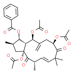 ChemSpider 2D Image | (1S,2R,3aR,5S,6E,10R,13R,13aR)-3a,10,13-Triacetoxy-2,5,8,8-tetramethyl-12-methylene-4,9-dioxo-2,3,3a,4,5,8,9,10,11,12,13,13a-dodecahydro-1H-cyclopenta[12]annulen-1-yl benzoate | C33H40O10