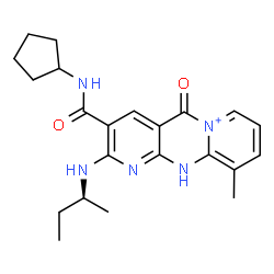 ChemSpider 2D Image | 2-[(2S)-2-Butanylamino]-3-(cyclopentylcarbamoyl)-10-methyl-5-oxo-5,11-dihydrodipyrido[1,2-a:2',3'-d]pyrimidin-6-ium | C22H28N5O2