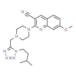 ChemSpider 2D Image | 7-Methoxy-2-(4-{[1-(3-methylbutyl)-1H-tetrazol-5-yl]methyl}-1-piperazinyl)-3-quinolinecarbonitrile | C22H28N8O