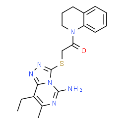 ChemSpider 2D Image | 2-[(5-Amino-8-ethyl-7-methyl[1,2,4]triazolo[4,3-c]pyrimidin-3-yl)sulfanyl]-1-(3,4-dihydro-1(2H)-quinolinyl)ethanone | C19H22N6OS