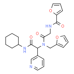 ChemSpider 2D Image | N-(2-{[2-(Cyclohexylamino)-2-oxo-1-(3-pyridinyl)ethyl](2-furylmethyl)amino}-2-oxoethyl)-2-furamide | C25H28N4O5