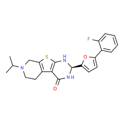 ChemSpider 2D Image | (2S)-2-[5-(2-Fluorophenyl)-2-furyl]-7-isopropyl-2,3,5,6,7,8-hexahydropyrido[4',3':4,5]thieno[2,3-d]pyrimidin-4(1H)-one | C22H22FN3O2S
