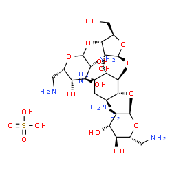 ChemSpider 2D Image | (1R,2R,3S,4R,6S)-4,6-Diamino-2-{[3-O-(2,6-diamino-2,6-dideoxy-L-idopyranosyl)-beta-D-ribofuranosyl]oxy}-3-hydroxycyclohexyl 2,6-diamino-2,6-dideoxy-alpha-D-glucopyranoside sulfate (1:1) | C23H48N6O17S