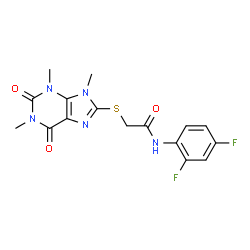 ChemSpider 2D Image | N-(2,4-Difluorophenyl)-2-[(1,3,9-trimethyl-2,6-dioxo-2,3,6,9-tetrahydro-1H-purin-8-yl)sulfanyl]acetamide | C16H15F2N5O3S