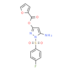 ChemSpider 2D Image | 5-Amino-1-[(4-fluorophenyl)sulfonyl]-1H-pyrazol-3-yl 2-furoate | C14H10FN3O5S