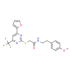 ChemSpider 2D Image | 2-{[4-(2-Furyl)-6-(trifluoromethyl)-2-pyrimidinyl]sulfanyl}-N-[2-(4-methoxyphenyl)ethyl]acetamide | C20H18F3N3O3S
