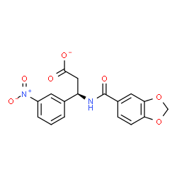 ChemSpider 2D Image | (3R)-3-[(1,3-Benzodioxol-5-ylcarbonyl)amino]-3-(3-nitrophenyl)propanoate | C17H13N2O7