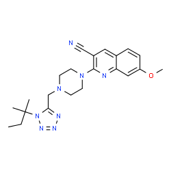 ChemSpider 2D Image | 7-Methoxy-2-(4-{[1-(2-methyl-2-butanyl)-1H-tetrazol-5-yl]methyl}-1-piperazinyl)-3-quinolinecarbonitrile | C22H28N8O