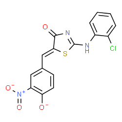 ChemSpider 2D Image | 4-[(Z)-{2-[(2-Chlorophenyl)amino]-4-oxo-1,3-thiazol-5(4H)-ylidene}methyl]-2-nitrophenolate | C16H9ClN3O4S