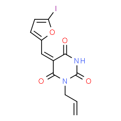ChemSpider 2D Image | (5E)-1-Allyl-5-[(5-iodo-2-furyl)methylene]-2,4,6(1H,3H,5H)-pyrimidinetrione | C12H9IN2O4