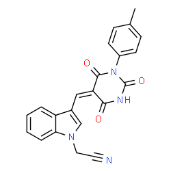ChemSpider 2D Image | (3-{(E)-[1-(4-Methylphenyl)-2,4,6-trioxotetrahydro-5(2H)-pyrimidinylidene]methyl}-1H-indol-1-yl)acetonitrile | C22H16N4O3