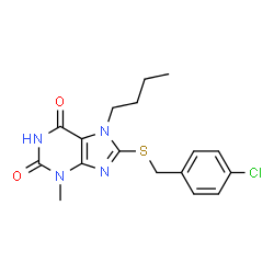 ChemSpider 2D Image | 7-Butyl-8-[(4-chlorobenzyl)sulfanyl]-3-methyl-3,7-dihydro-1H-purine-2,6-dione | C17H19ClN4O2S