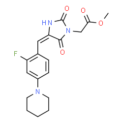 ChemSpider 2D Image | Methyl {(4E)-4-[2-fluoro-4-(1-piperidinyl)benzylidene]-2,5-dioxo-1-imidazolidinyl}acetate | C18H20FN3O4