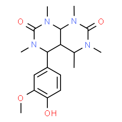 ChemSpider 2D Image | 4-(4-Hydroxy-3-methoxyphenyl)-1,3,5,6,8-pentamethylhexahydropyrimido[4,5-d]pyrimidine-2,7(1H,3H)-dione | C18H26N4O4
