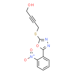 ChemSpider 2D Image | 4-{[5-(2-Nitrophenyl)-1,3,4-oxadiazol-2-yl]sulfanyl}-2-butyn-1-ol | C12H9N3O4S