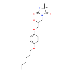 ChemSpider 2D Image | 3-{3-[4-(Hexyloxy)phenoxy]-2-hydroxypropyl}-5,5-dimethyl-2,4-imidazolidinedione | C20H30N2O5