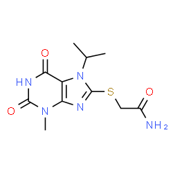 ChemSpider 2D Image | 2-[(7-Isopropyl-3-methyl-2,6-dioxo-2,3,6,7-tetrahydro-1H-purin-8-yl)sulfanyl]acetamide | C11H15N5O3S