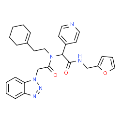 ChemSpider 2D Image | 2-(1H-Benzotriazol-1-yl)-N-[2-(1-cyclohexen-1-yl)ethyl]-N-{2-[(2-furylmethyl)amino]-2-oxo-1-(4-pyridinyl)ethyl}acetamide | C28H30N6O3